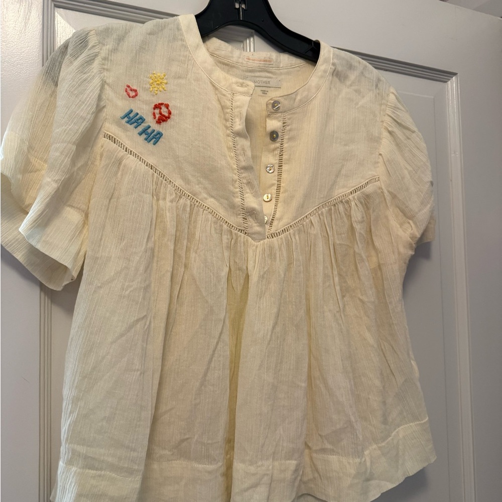 MOTHER Cream Blouse with Colorful Embroidery